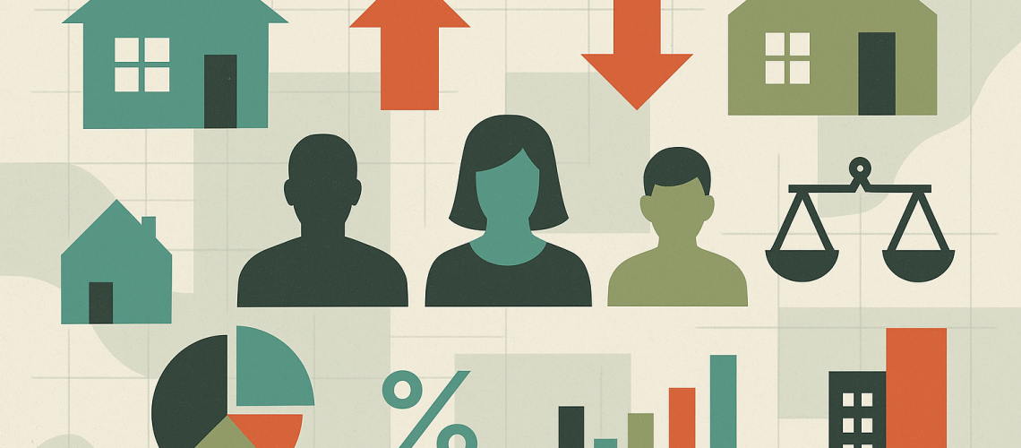 Infographic-style illustration with houses, buyer silhouettes, arrows, charts, pie graph, and percentage symbol, representing 2023 real estate trends and research insights.