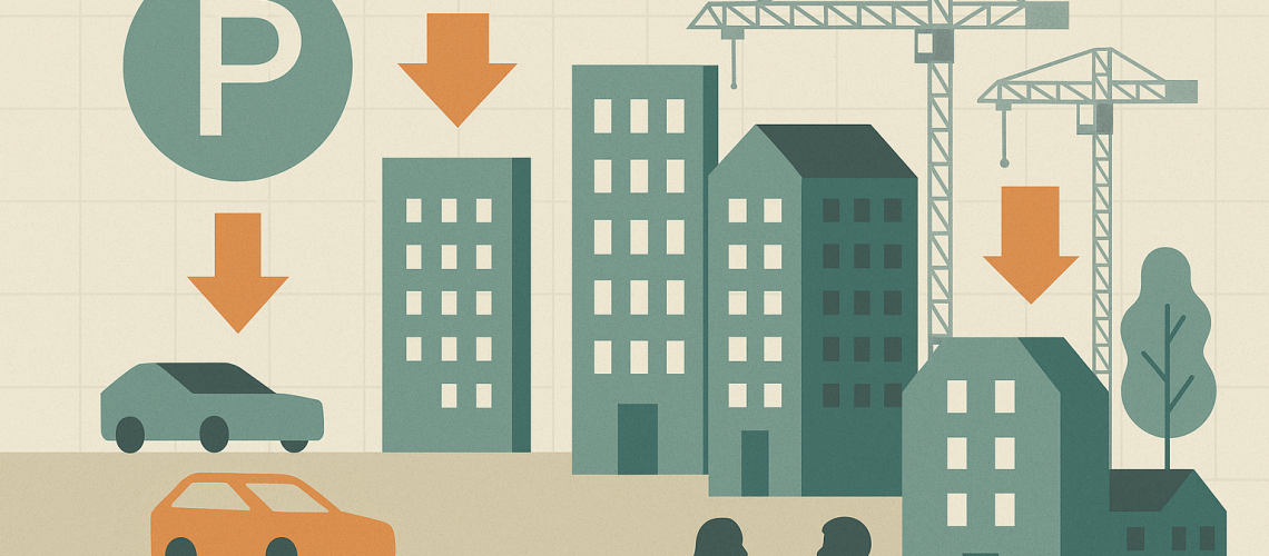 Infographic-style illustration of Brookline reducing parking requirements with apartment buildings, cranes, cars, parking symbol, and downward arrows in muted teal, orange, and gray.