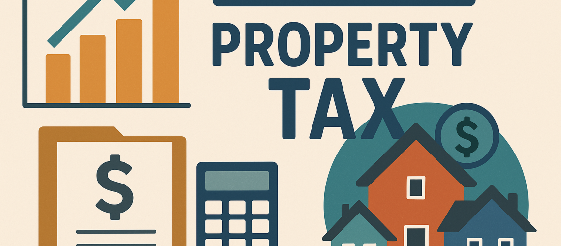 Illustration featuring a bar graph, calculator, dollar sign document, and stylized houses with the text “Brookline Property Tax,” in teal, orange, and blue tones.