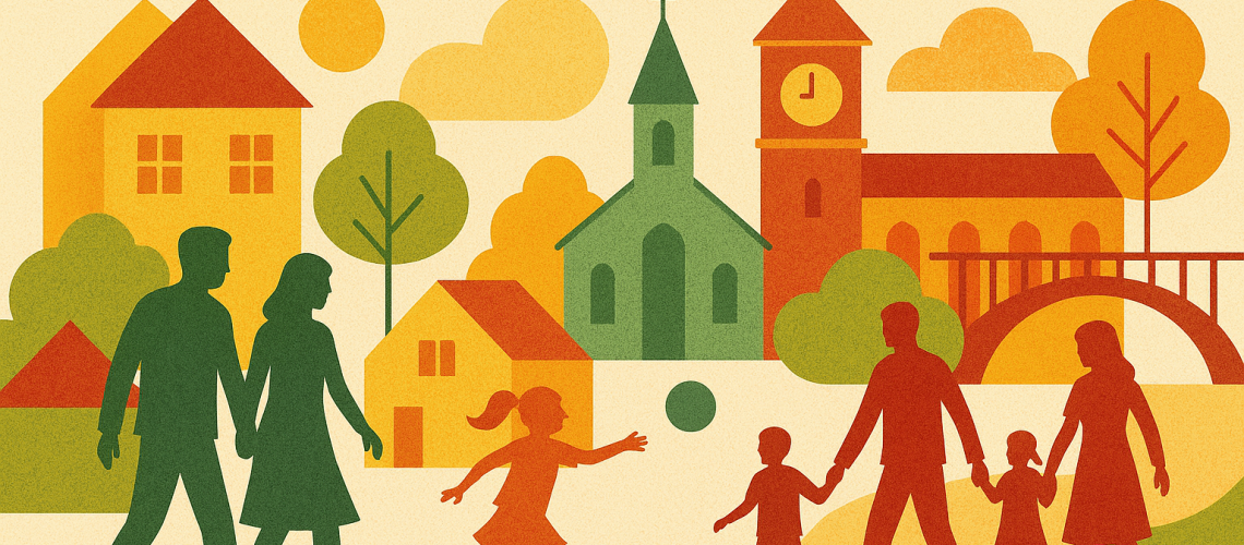 Collage-style illustration of families walking and children playing in a colorful neighborhood with houses, trees, a church, and a bridge in warm earthy tones.
